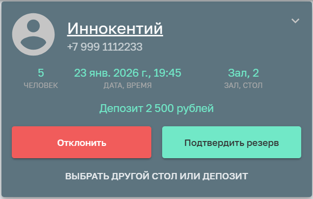 Уведомление для хостес о резерве с предоплатой Уведомление хостес